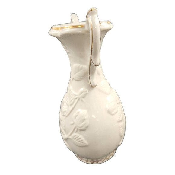 Vintage Rose Vase Gold Trim Handles Shabby Chic Cottage White Embossed Flower - Picture 2 of 8